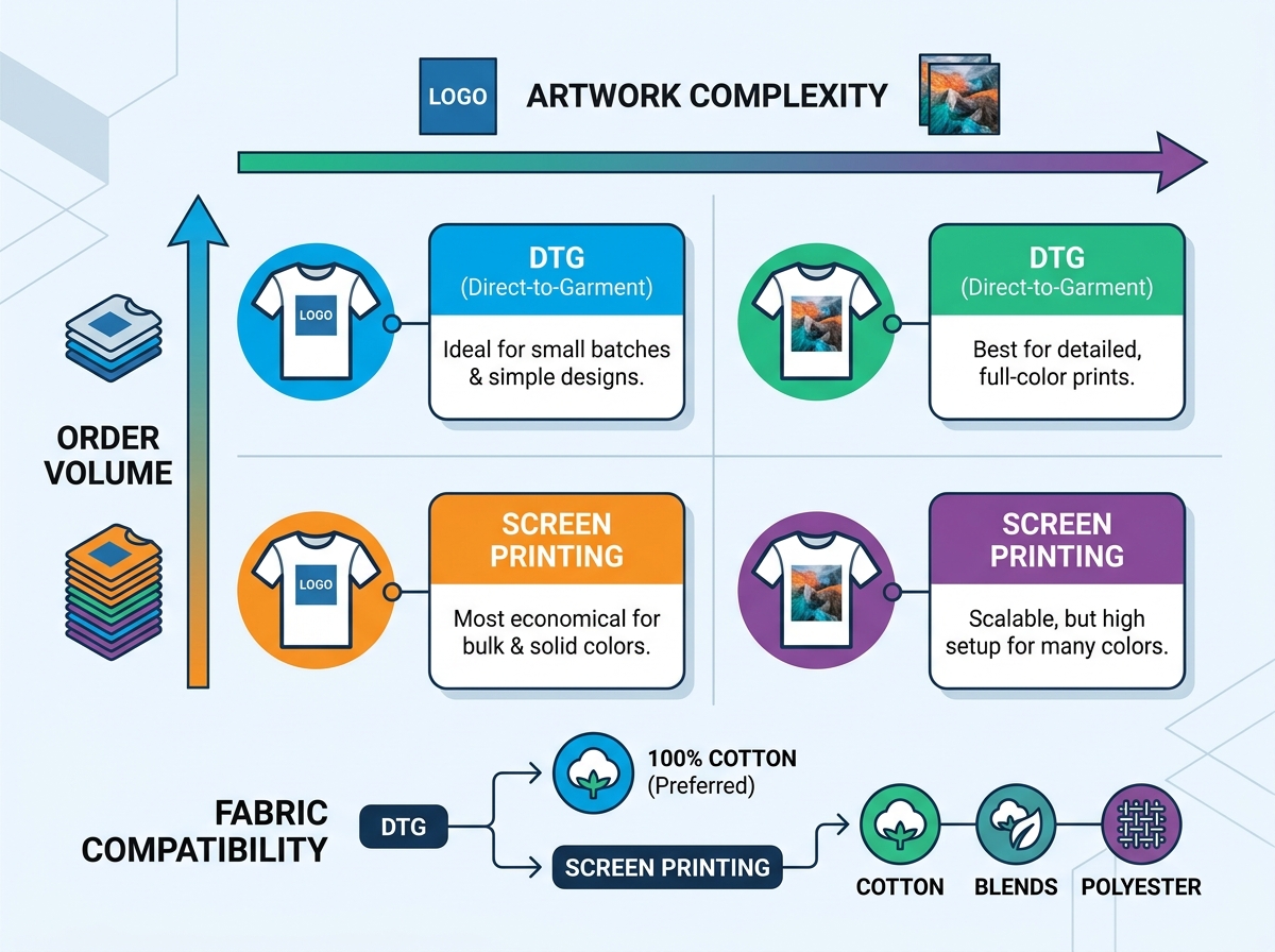 Printing techniques and fabric selection process in a factory setting