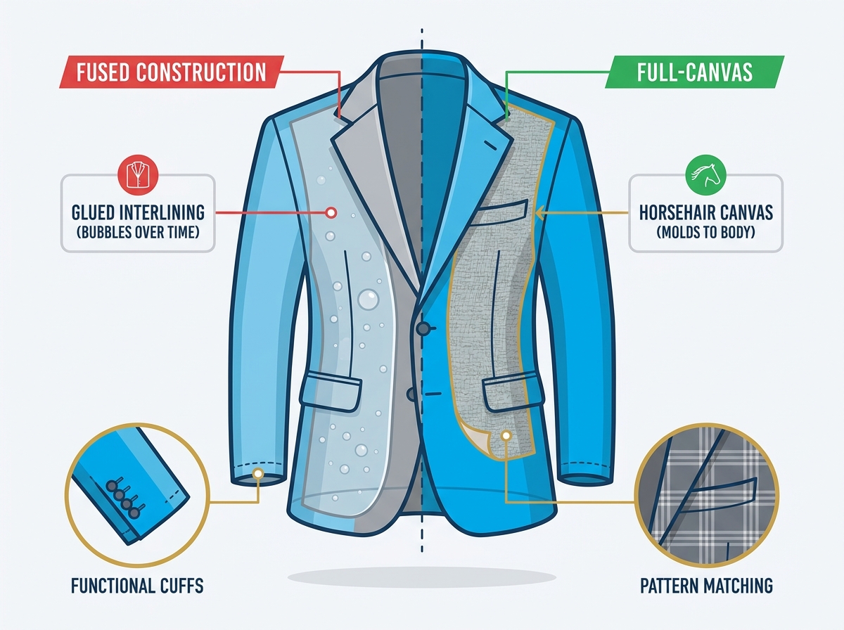 A bespoke tailor adjusting custom suit details on a jacket